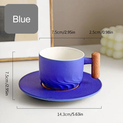 DecorBites™ 130ml Blue Ceramic Retro Coffee Cup with Saucer, Wooden Handle
