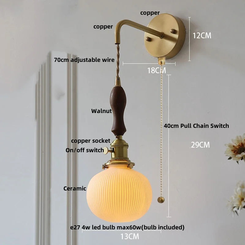 DecorBites™ Copper Ceramic LED Wall Light Fixture Pull Chain Switch Modern Wall Lamp