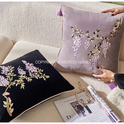 DecorBites™ Botanical Wisteria Embroidered Cushion Cover with Tassel