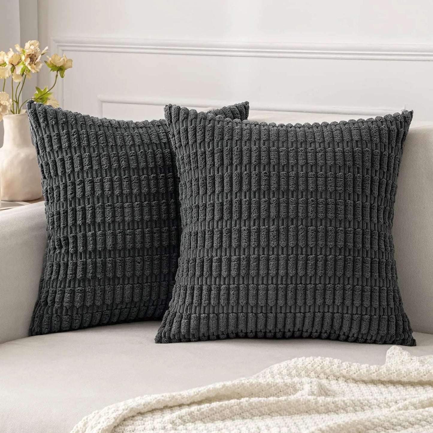 DecorBites™ Corduroy Striped Throw Pillow Covers | Soft White Decorative Square Cushion Case