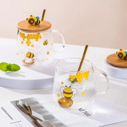 DecorBites™ Bee Glass Spoon Milk Cup Breakfast Coffee Mug with Lid