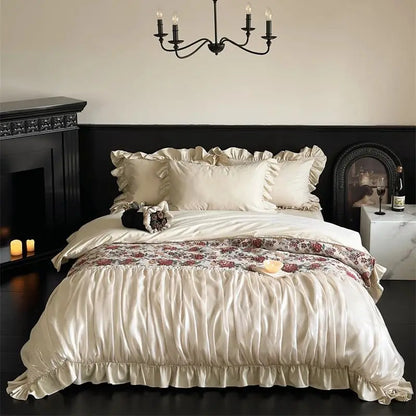 DecorBites™ Chic Flowers Jacquard Cotton Bedding Set with Ruffles