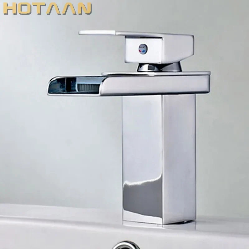 DecorBites™ Black Plated Brass Waterfall Bathroom Basin Faucet Mixer Square Vanity Sink