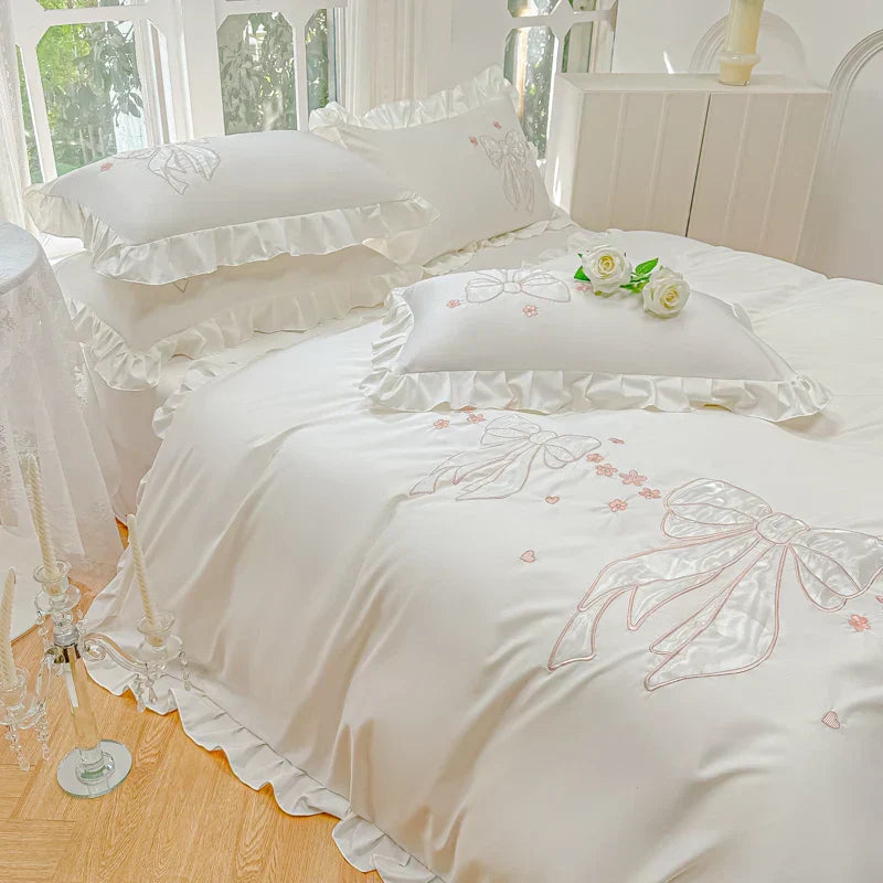 DecorBites™ Ice Silk Embroidered Ruffles Duvet Set with Cool & Skin-Friendly Feel