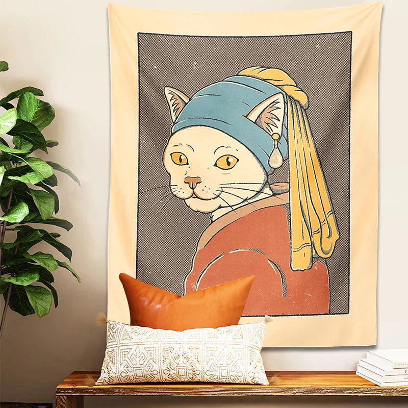 DecorBites™ Cat With Pearl Earring Metal Wall Hanging Tapestry Art