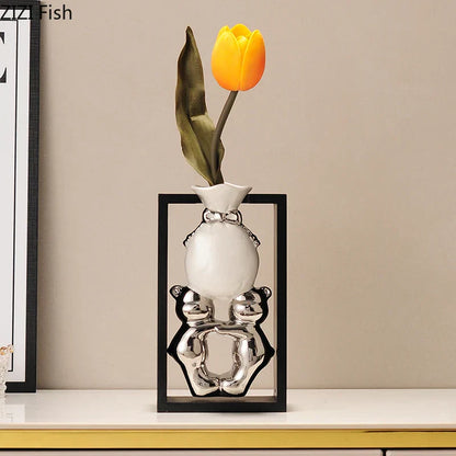 DecorBites™ Elegant Square Ceramic Vase with Artificial Flowers for Desk Decoration