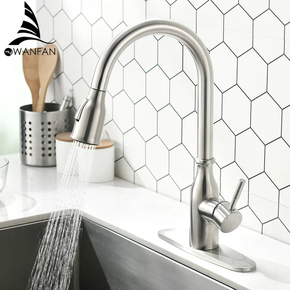 DecorBites™ Brushed Nickel Pull Out Kitchen Faucet with Stream Sprayer Head