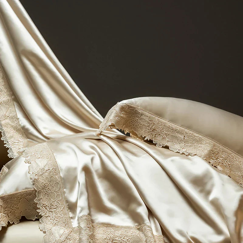 DecorBites™ Luxe French Lace Edge Bedding Set: Silky Lyocell Cotton Duvet Cover, Sheet & Pillowcases