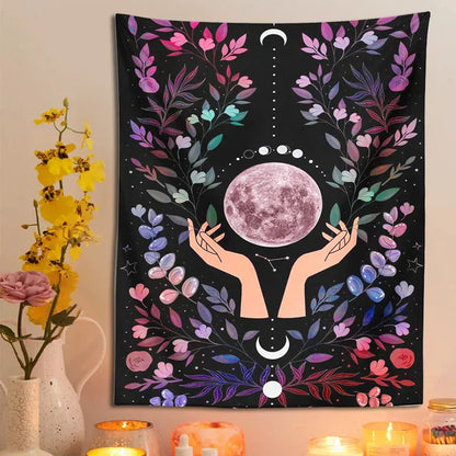 DecorBites™ Botanical Moon Tapestry: Psychedelic Boho Wall Art for Magic Crystal Altar & Chakra
