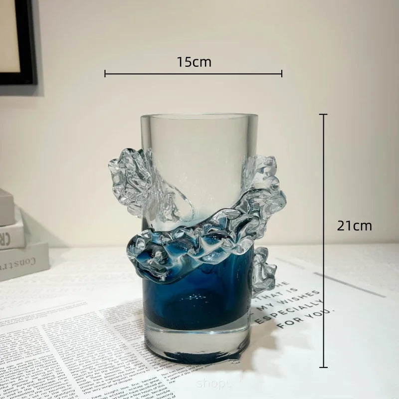DecorBites™ Blue Gradient Wavy Glass Vase for Floral Arrangements and Room Decor