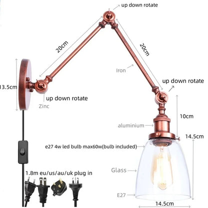 DecorBites™ Adjustable Glass Swing Arm LED Wall Sconce with Pull Chain Switch