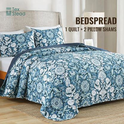DecorBites™ Blue Floral Quilted Bedding Set - Farmhouse Style All Seasons - 3 Piece