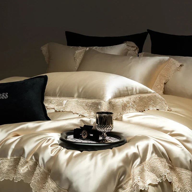 DecorBites™ Luxe French Lace Edge Bedding Set: Silky Lyocell Cotton Duvet Cover, Sheet & Pillowcases