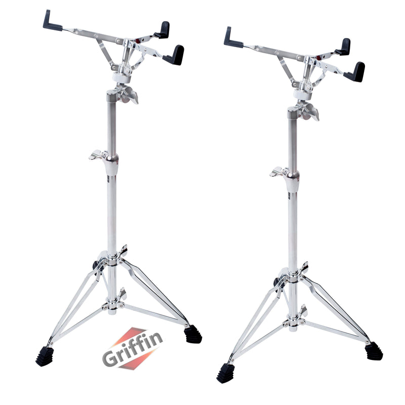 GRIFFIN Concert Stand-Up Snare Drum Stands (2-Pack) - Tall Adjustable Chrome Stand for Practice Pads & Drums - Extended-Height Hardware Mount Holder with Basket Clamp