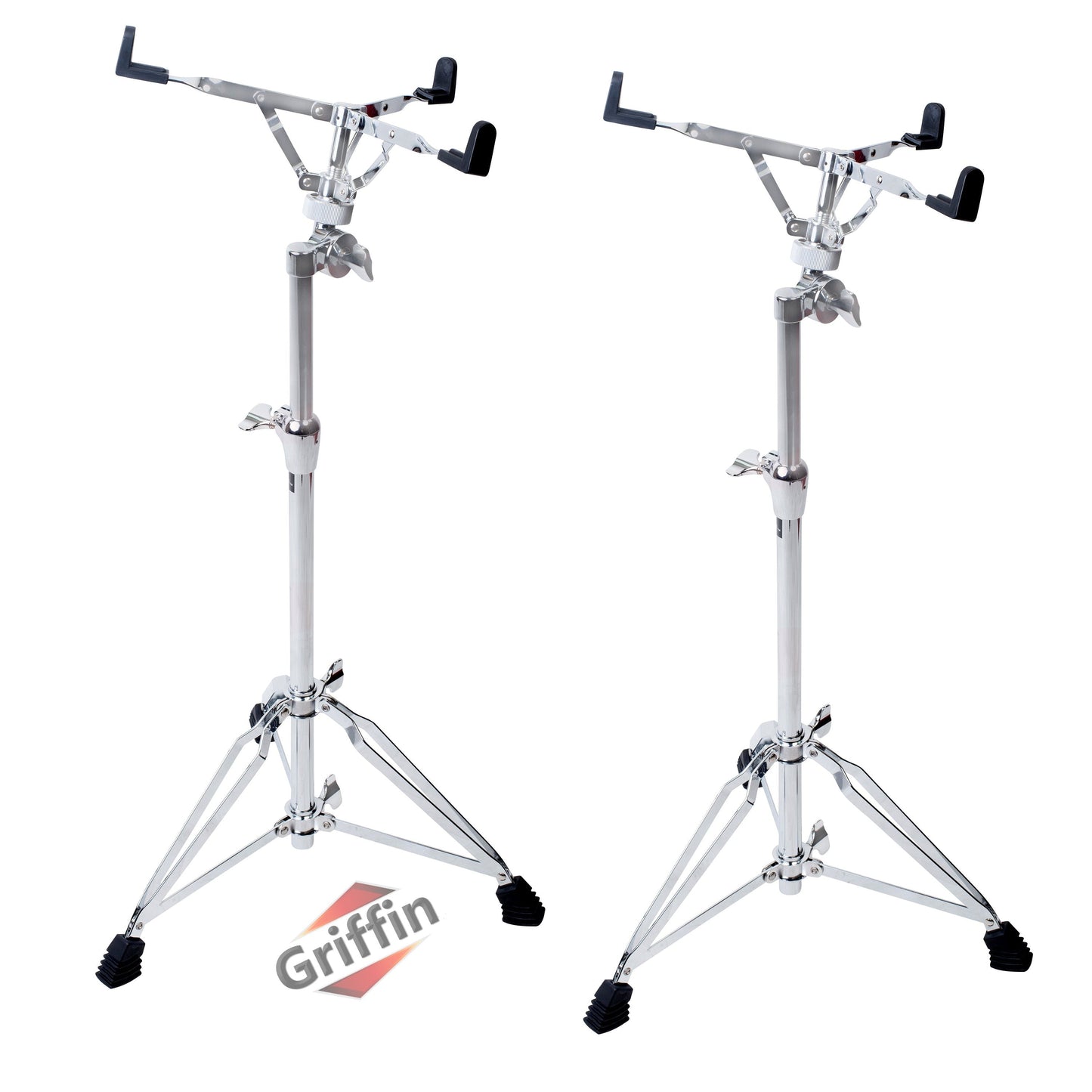 2-PACK- Concert Stand Up Snare Drum Stands by GRIFFIN | Tall Adjustable Chrome Height Stand For Drummers Percussion Practice Pads & Drums | Extended Height Drum Hardware Mount Holder With Basket Clamp