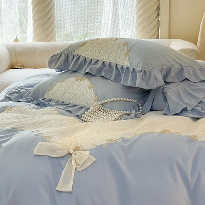 DecorBites™ Lace Embroidery Princess Bedding Set - Duvet Cover, Sheet, Pillowcases - Blue Pink Purple