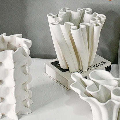 DecorBites™ Geometric Ceramic Fold Pattern Flower Vase Decorative Home Ornament