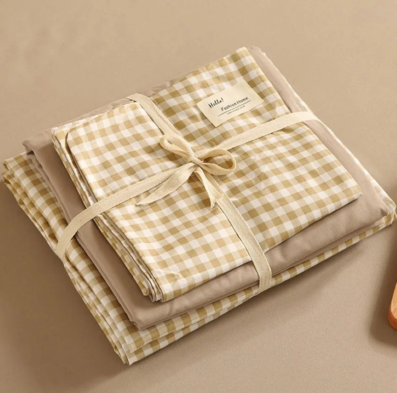 ™ Japanese Grid Printed Cotton Bedding Set in Queen/King for Cozy Sleep