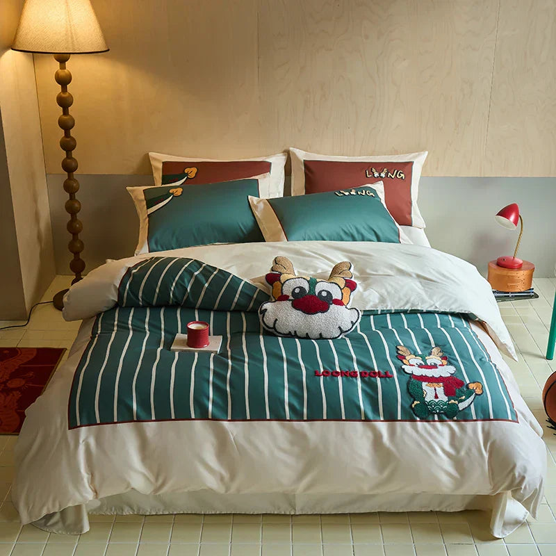 DecorBites™ Chinese Embroidered Cotton Bedding Set: King Size Duvet Cover, Sheet, Quilt Cover