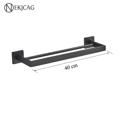 DecorBites™ Black Bathroom Set: Towel Holder, Paper Holder, Gold Rod, Robe Hook - Stainless Steel Accessories