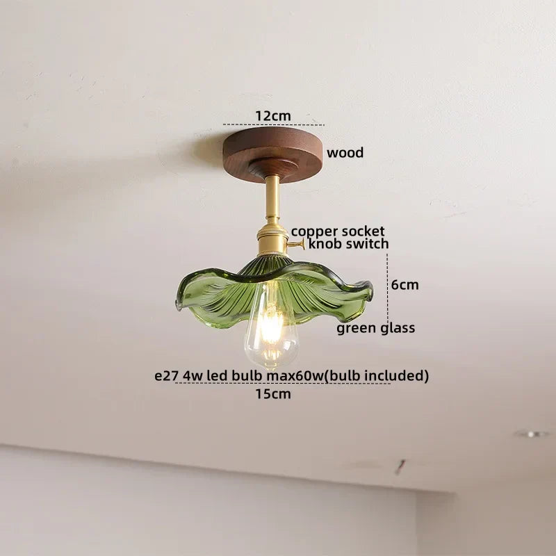 DecorBites™ Green Glass LED Ceiling Lights: Modern Copper Wood Indoor Lamp