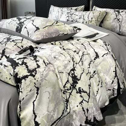 DecorBites™ Black Grey Marble Ice Silk Duvet Cover Set - Luxury Cooling Comfort, Nordic Style