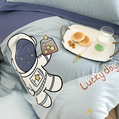 DecorBites™ Astronaut Cartoon Embroidery Boys Bedding Set, 100% Cotton, Single Duvet Cover, Bed Sheet, Pillowcases