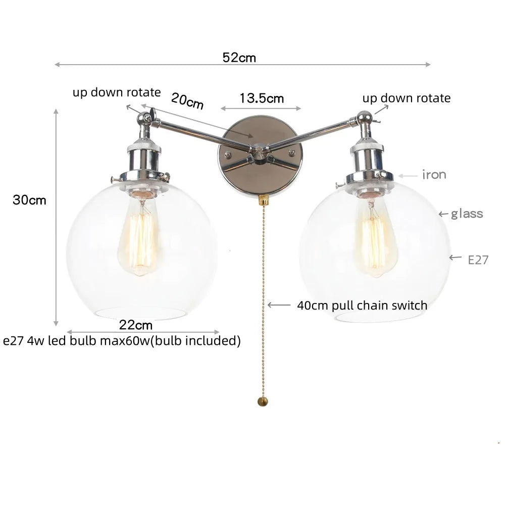 DecorBites™ 2 Head LED Wall Lamps Iron Glass Bedroom Stair Light Fixtures