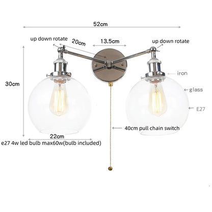 DecorBites™ 2 Head LED Wall Lamps Iron Glass Bedroom Stair Light Fixtures