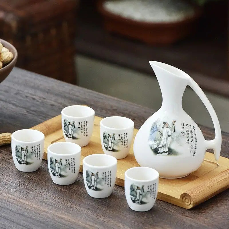 DecorBites™ Ceramic Wine Set Dispenser Antique Pot Liquor Cup Warming Container