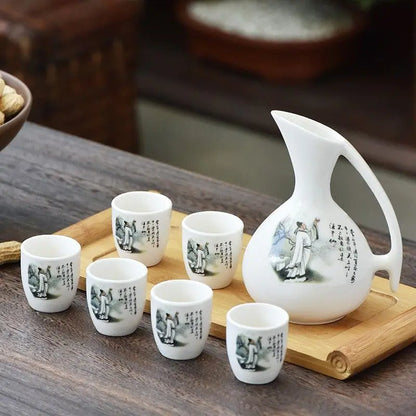 DecorBites™ Ceramic Wine Set Dispenser Antique Pot Liquor Cup Warming Container