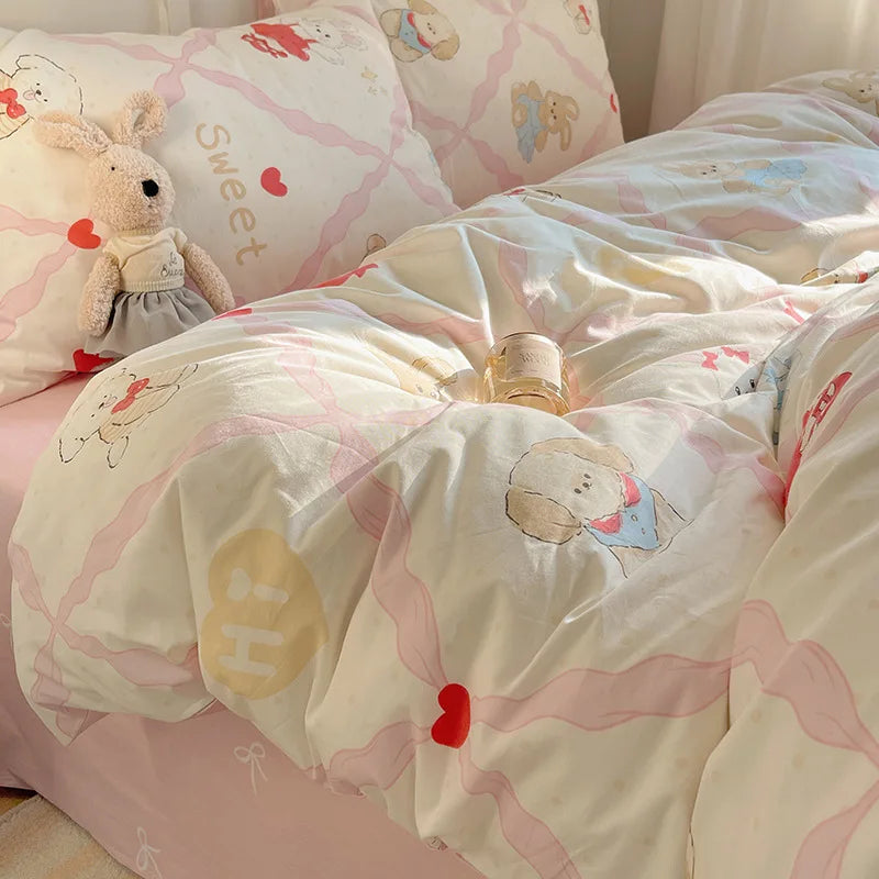 DecorBites™ Cartoon Pattern 100% Cotton Bedding Set - Single Double Size Soft Fitted Sheet, Cozy & Breathable