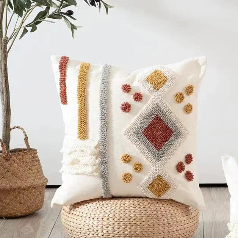 DecorBites™ Boho Ivory Brown Tufted Lace Pillow Cover 50x30/45x45cm for Living Room/Sofa