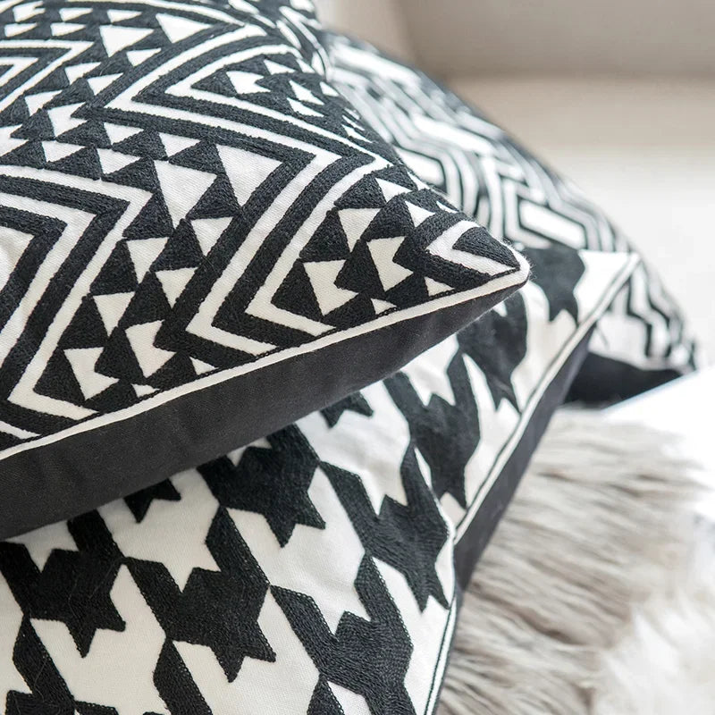 DecorBites™ Black White Embroidered Cushion Cover 45x45cm Sofa Bed Chair Home Decor