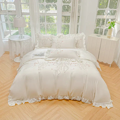 DecorBites™ Ice Silk Embroidered Ruffles Duvet Set with Cool & Skin-Friendly Feel