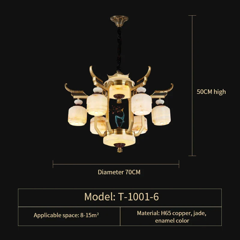 DecorBites™ All Copper Jade Chandelier for Villa Living Room, Dining Room - Chinese Style Duplex Copper Lamp
