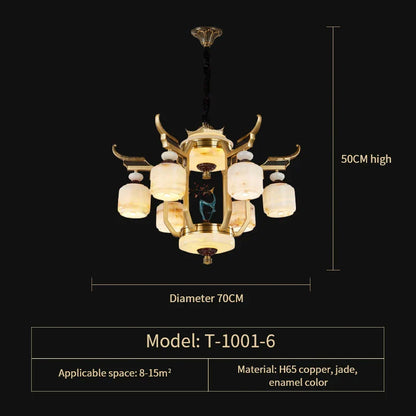 DecorBites™ All Copper Jade Chandelier for Villa Living Room, Dining Room - Chinese Style Duplex Copper Lamp