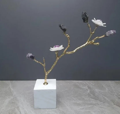 DecorBites™ Crystal Flower Tree Sculpture: Golden Branches Metal Figurine for Home Decor
