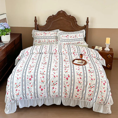 DecorBites™ French Flowers Lace Ruffles Princess Bedding Set with Bed Sheet Pillowcases