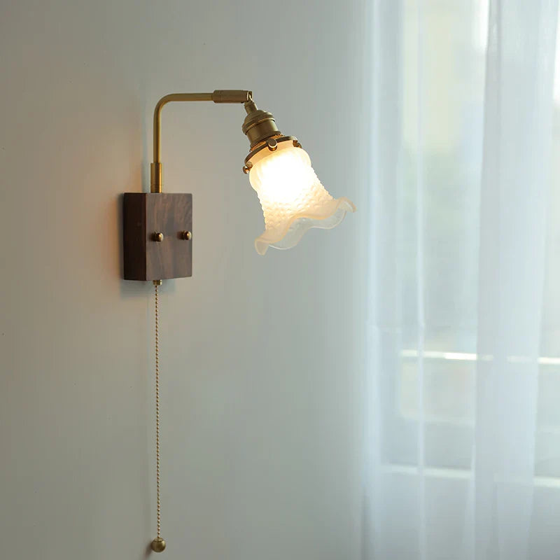 DecorBites™ Brass Walnut Wood LED Wall Sconce with Pull Chain Switch & Flower Glass