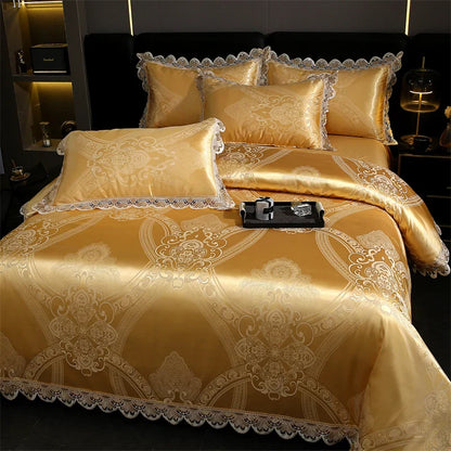 DecorBites™ Golden Jacquard Cotton Lace Bedding Set - Silky Soft Duvet Cover, Flat Sheet, Pillowcase