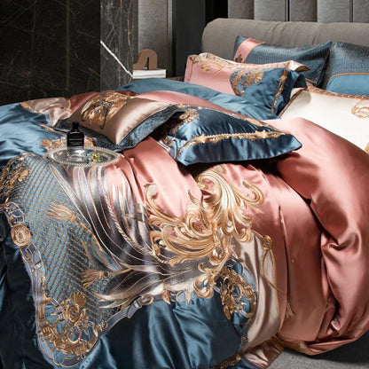 DecorBites™ Luxe Gold Embroidery Palace Style Bedding Set - Duvet, Sheet, Pillowcases
