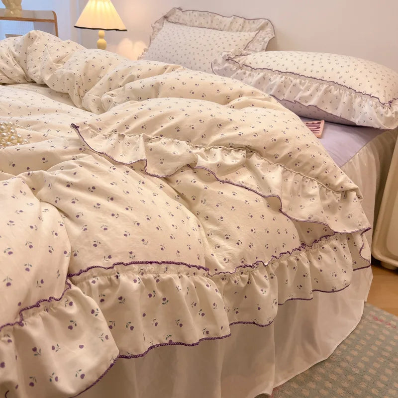DecorBites™ Korean Princess Floral Print Bedding Set in Washed Cotton for Girls
