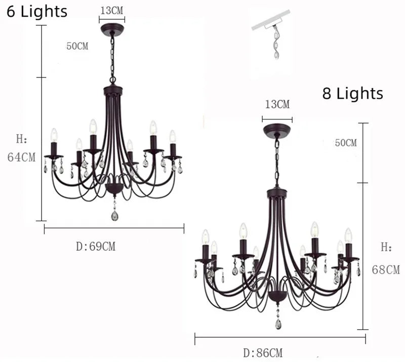 DecorBites™ Black Iron Chandelier with Crystal Pendant for Home Lighting