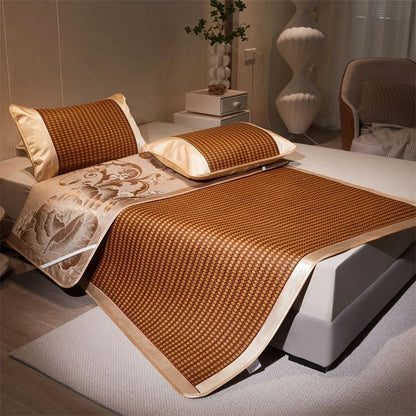 DecorBites™ Jacquard Cool Down Rattan Mat - Natural Rattan & Ice Rayon Bed Cooling Mat