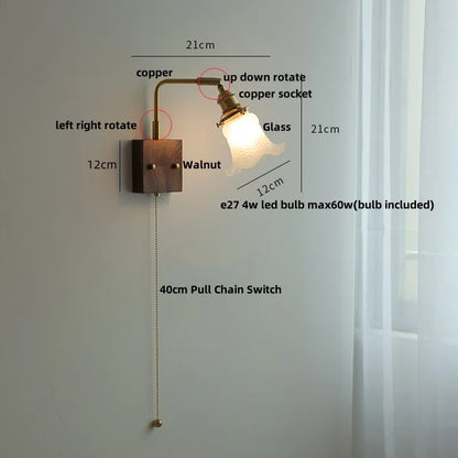 DecorBites™ Glass Pink LED Wall Sconce, Pull Chain Switch, Walnut Wood Bedside Lamp