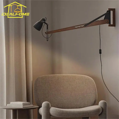 DecorBites™ LED Long Pole Swing Arm Wall Lamp, Solid Wood, Adjustable, Industrial Designer