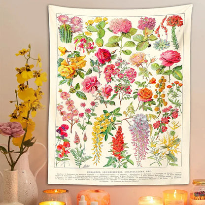 DecorBites™ Botanical Floral Tapestry Wall Hanging Garden Flower Illustration Cactus Boho Hippie Dorm Decor