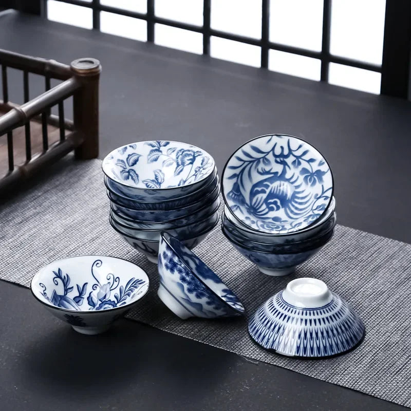 DecorBites™ Blue & White Ceramic Kung Fu Tea Cup, Japanese Style Porcelain Sake Espresso Mug
