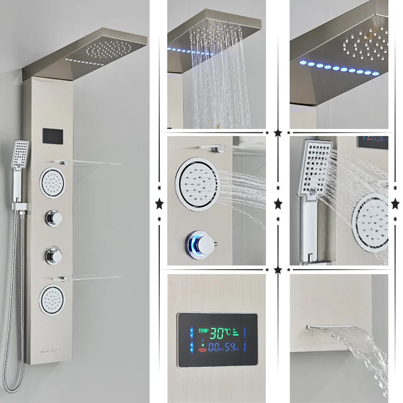 DecorBites™ LED Rainfall Shower Panel System Black/Brushed Finish